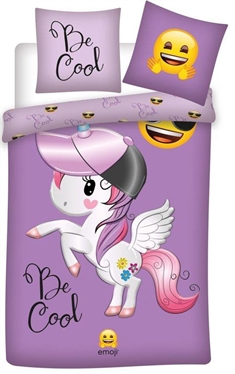 Sengetøj 140x200 cm - Emoji Unicorn - Dynebetræk med 2 i 1 design - 100% bomulds sengesæt